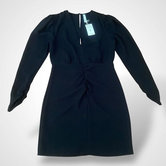MNG by Mango Black Dress Women's Size M Short Ruched Long Sleeve Deep V Neck - Picture 6 of 12